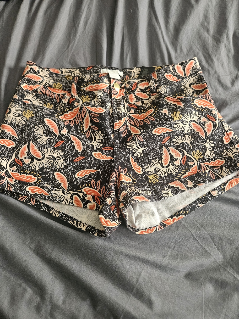 H&M Black Floral Print Jean Shorts with Coral Accents